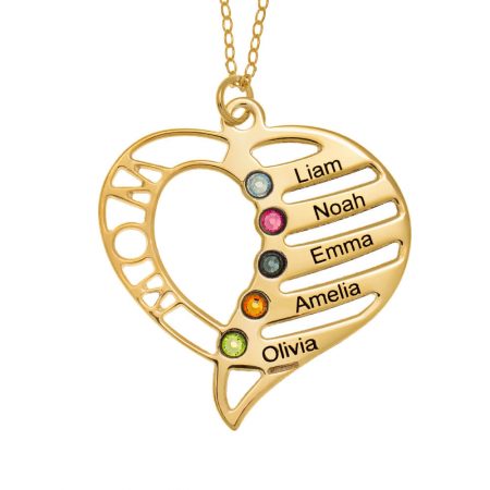Personalized Mom Heart Necklace with Birthstones in 18K Gold Plating