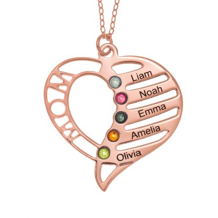 Personalized Mom Heart Necklace with Birthstones in 18K Rose Gold Plating