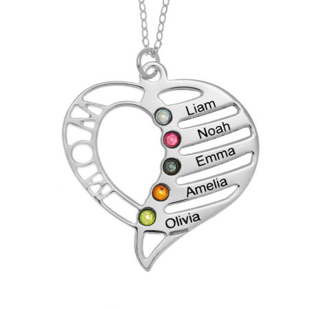 Personalized Mom Heart Necklace with Birthstones in 925 Sterling Silver