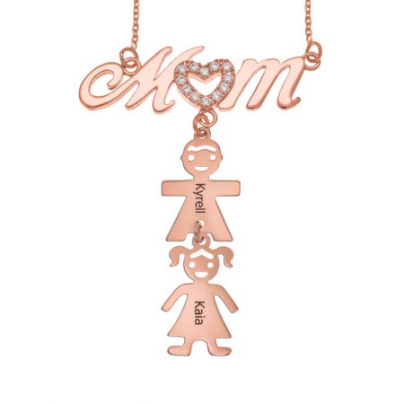 Inlay Mom Necklace With Kids in 18K Rose Gold Plating