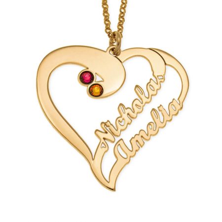 2 Hearts Necklace With Birthstones For Couples in 18K Gold Plating