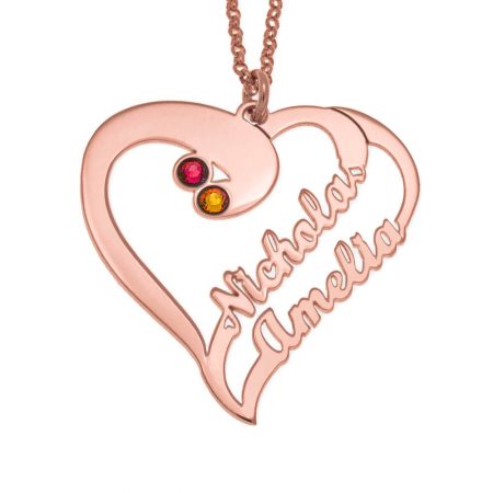 2 Hearts Necklace With Birthstones For Couples in 18K Rose Gold Plating
