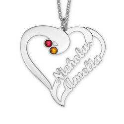 2 Hearts Necklace With Birthstones For Couples