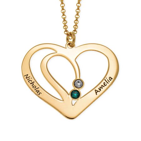 Engraved Couple Heart Necklace with Birthstones