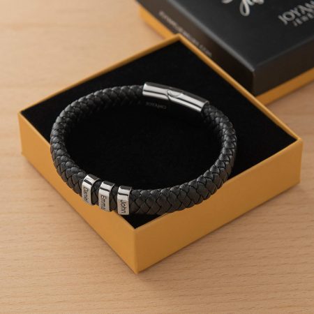Men's Leather Bracelet with Oval Name Beads-3 in Black Leather