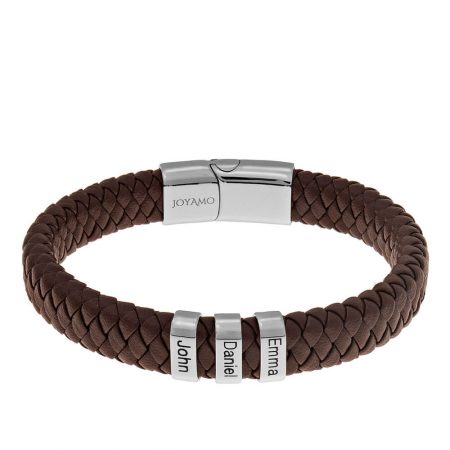 Men's Leather Bracelet with Oval Name Beads in brown Leather