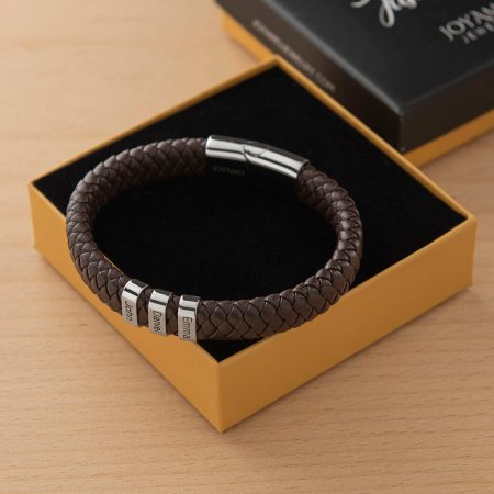 Men's Leather Bracelet with Oval Name Beads-3 in brown Leather