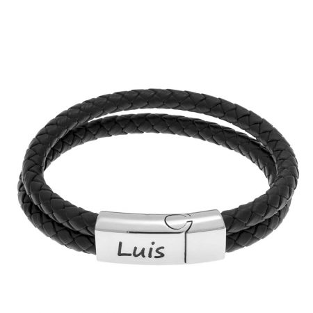 Engraved Bracelet for Men in Stainless Steel and Black Leather in 316 Stainless Steel
