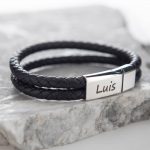 Engraved Bracelet for Men in Stainless Steel and Black Leather-2