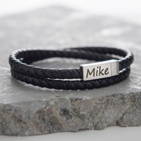Small Engraved Bracelet for Men in Stainless Steel and Black Leather-1