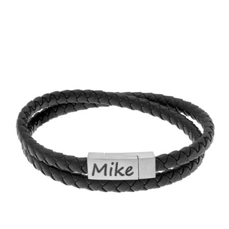 Small Engraved Bracelet for Men in Stainless Steel and Black Leather in 18K Gold Plating